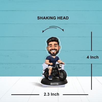 Personalized Bobblehead Caricature on Motorcycle with Custom Name Stand, Cartoon Character Figurine Desk Decor Battery Powered Moving Head Feature